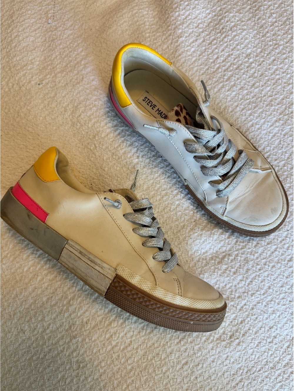 Steve Madden Embark White Sneakers with Yellow and Pink Accents, Size 7M